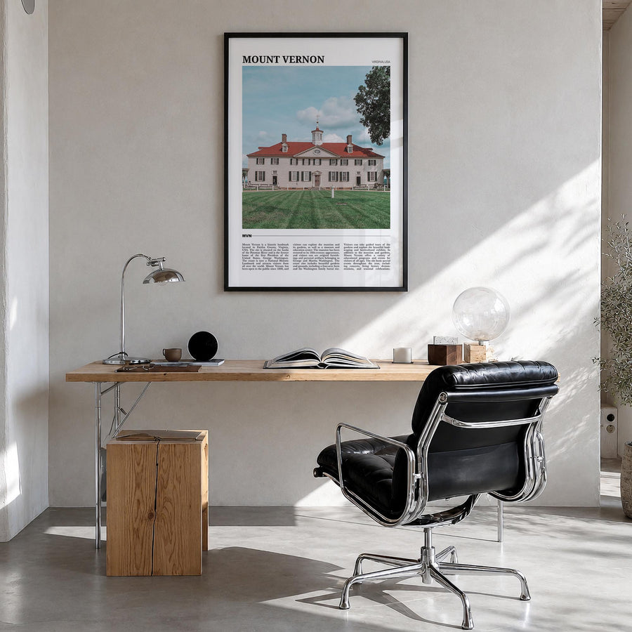 Mount Vernon colorful travel poster of Virginia, USA – vertical wall art in black wood frame, hanging on wall
