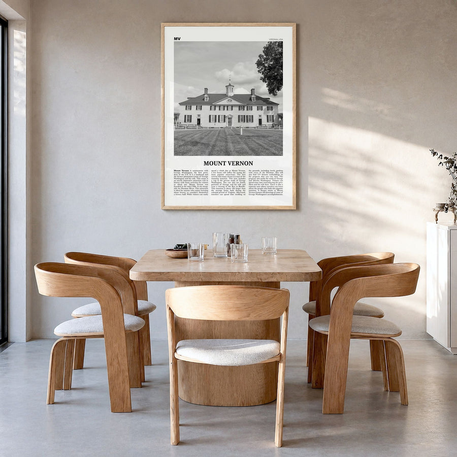 Mount Vernon Newspaper Poster in a natural wood frame, hanging in a dining room