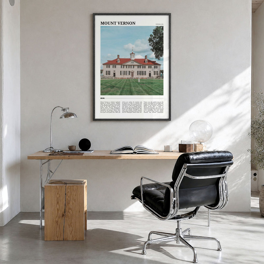 Mount Vernon Travel Poster in a black wood frame, hanging in a bright home office