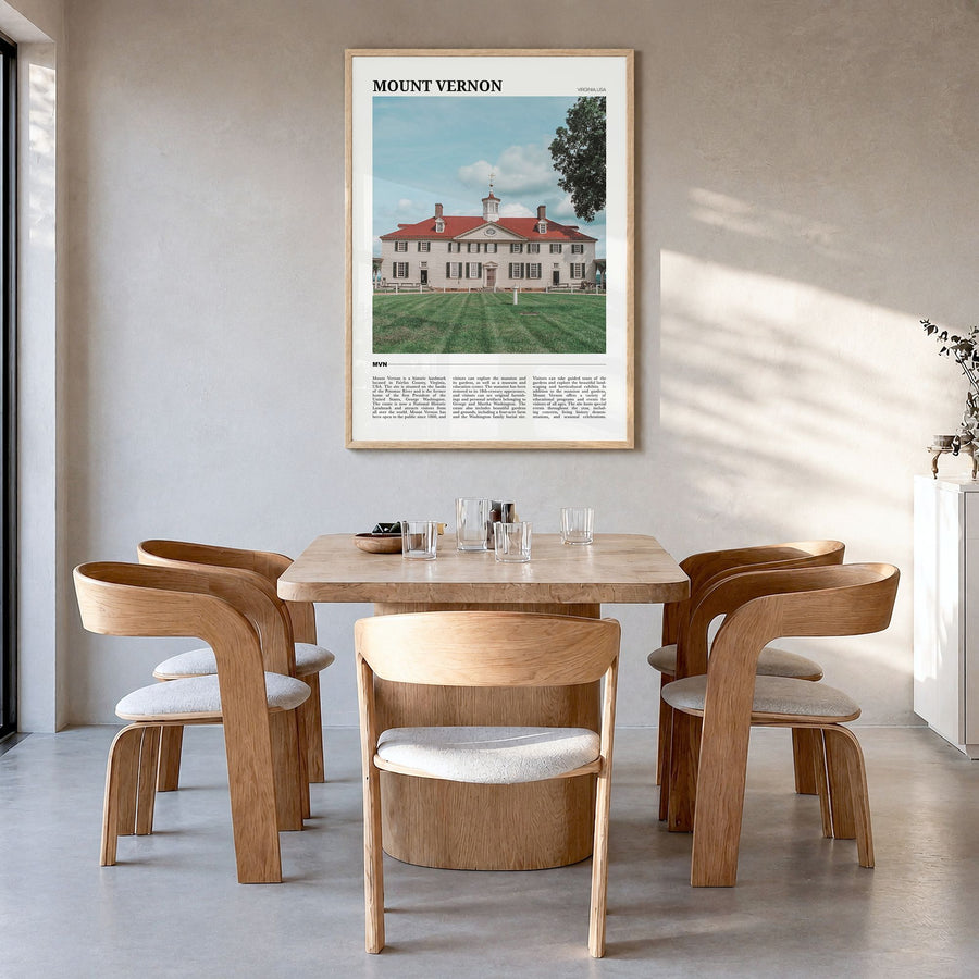 Mount Vernon Travel Poster in a natural wood frame, hanging in a dining room