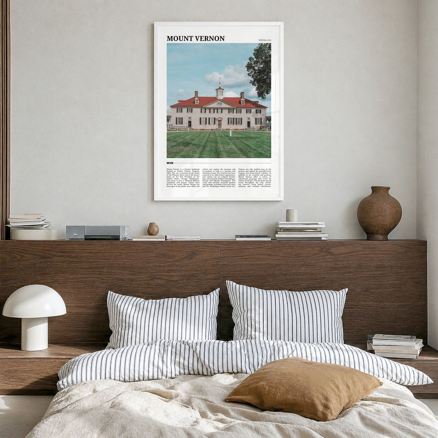 Mount Vernon Travel Poster in a white wood frame, hanging in a bedroom