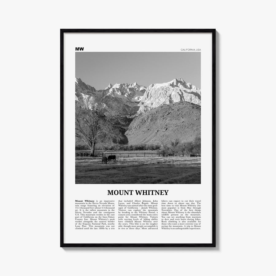 Mount Whitney black & white newspaper poster of California, USA – vertical wall art, unframed print shown in interior mockup