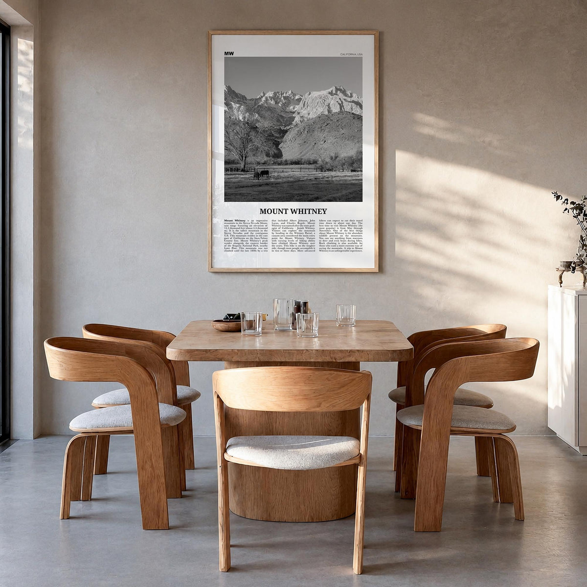 Mount Whitney black & white newspaper poster of California, USA – vertical wall art in natural wood frame, hanging on wall