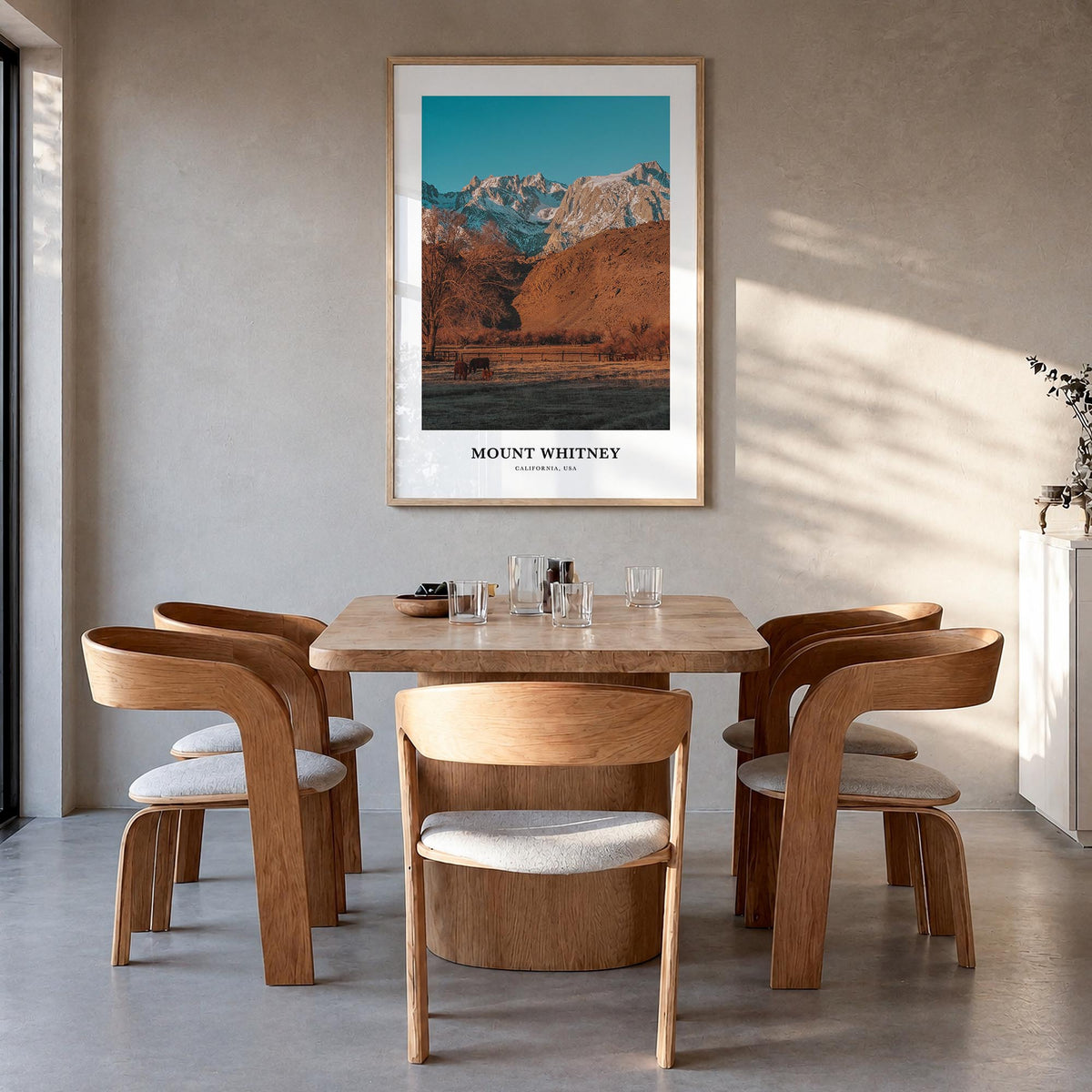 Mount Whitney colorful classic poster of California, USA – vertical wall art in natural wood frame, hanging on wall