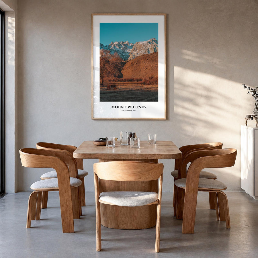 Mount Whitney colorful classic poster of California, USA – vertical wall art in natural wood frame, hanging on wall