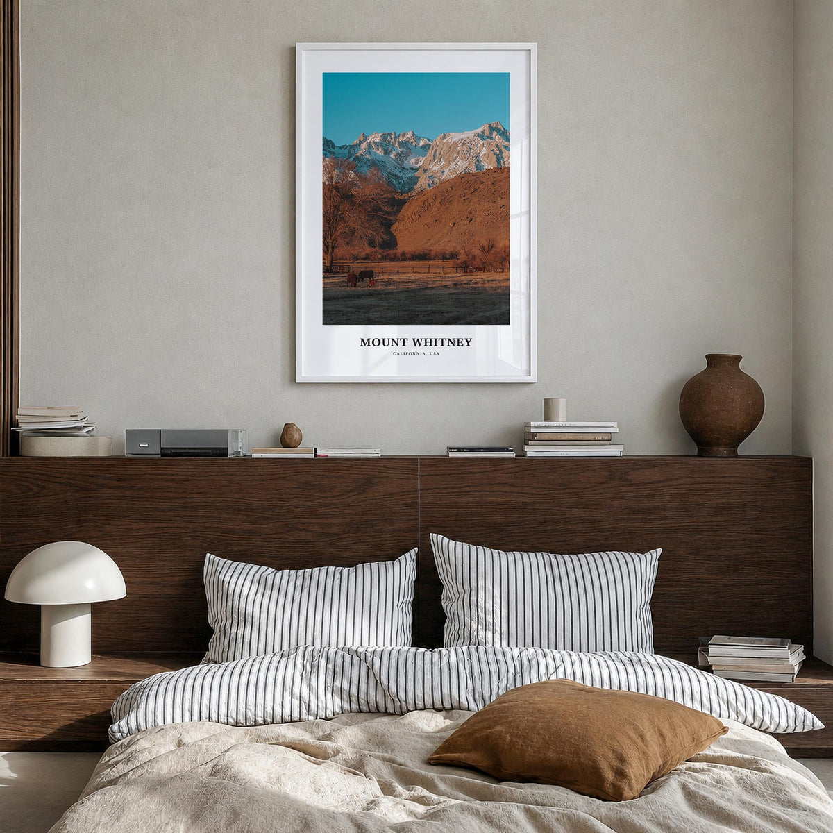 Mount Whitney colorful classic poster of California, USA – vertical wall art in white wood frame, hanging on wall