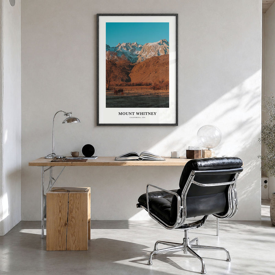 Mount Whitney Classic Poster in a black wood frame, hanging in a bright home office