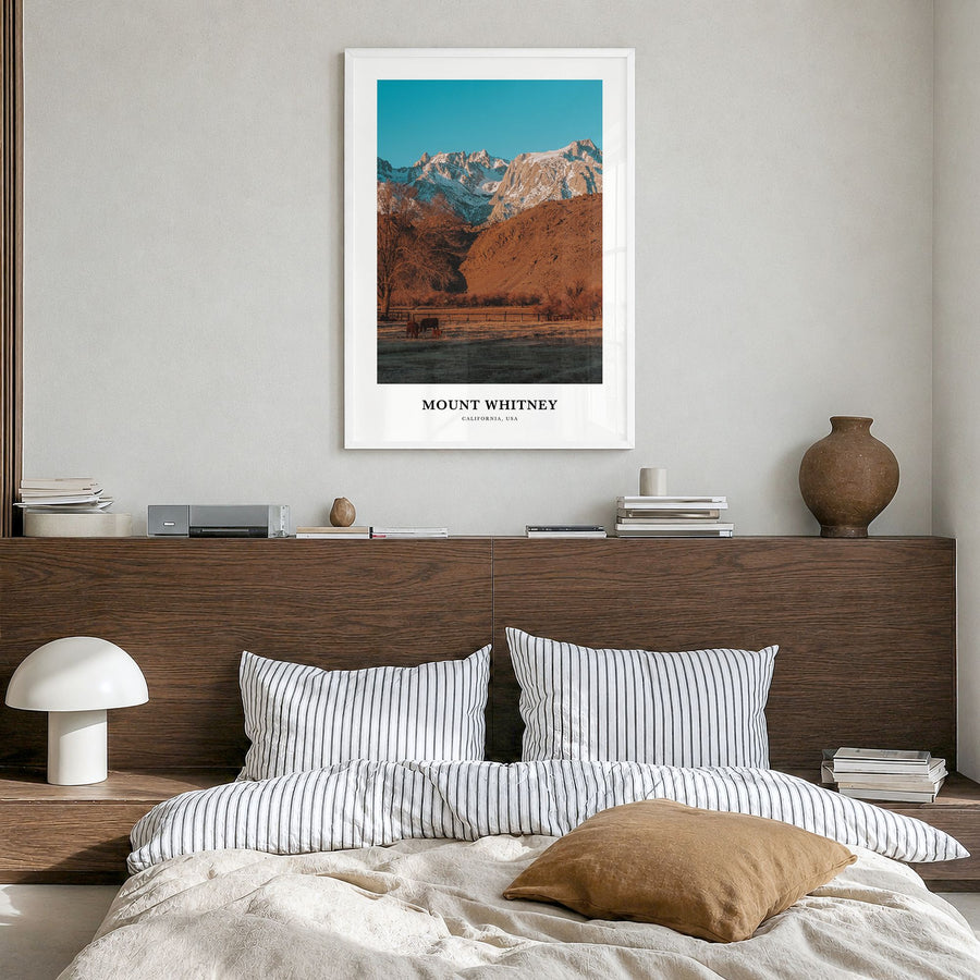 Mount Whitney Classic Poster in a white wood frame, hanging in a bedroom