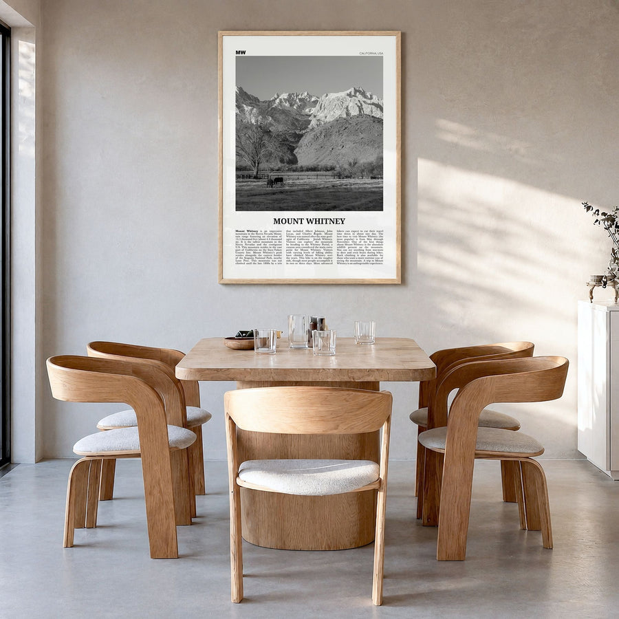 Mount Whitney Newspaper Poster in a natural wood frame, hanging in a dining room