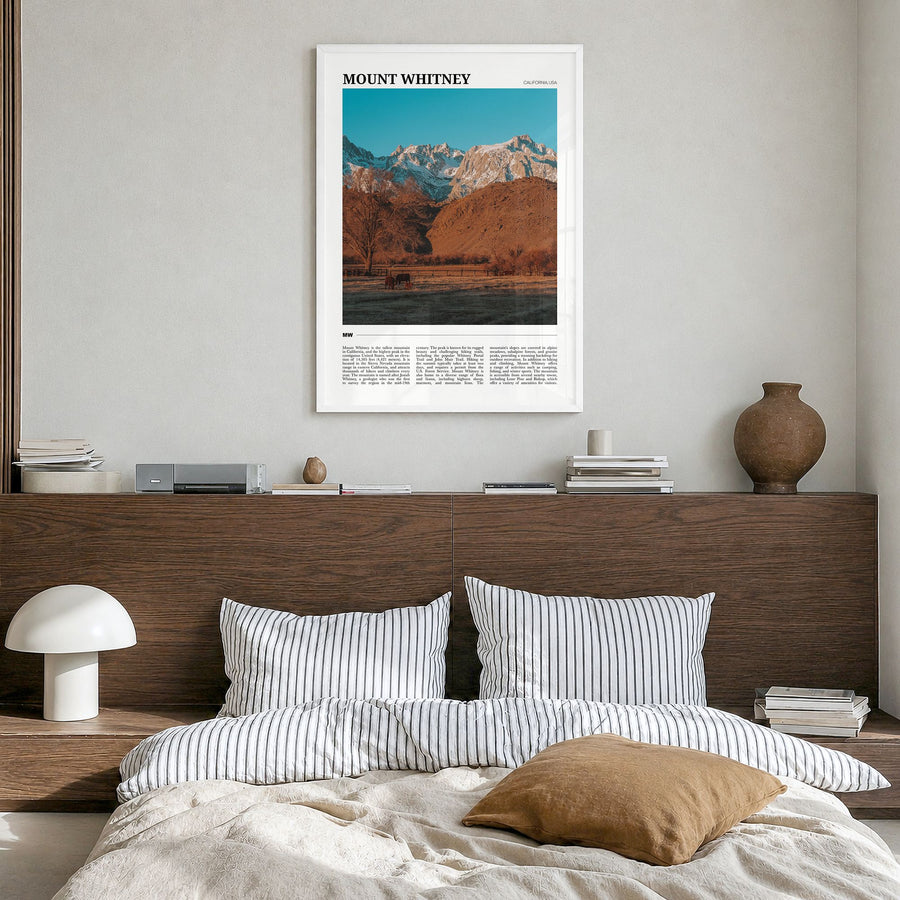 Mount Whitney Travel Poster in a white wood frame, hanging in a bedroom
