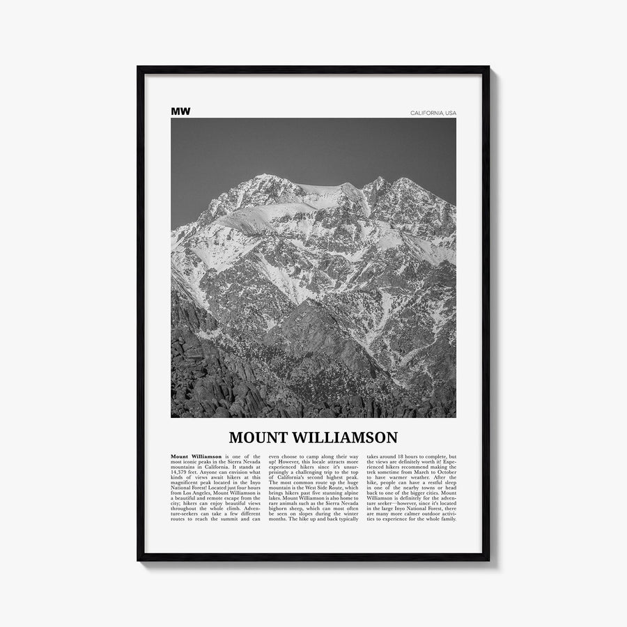Mount Williamson black & white newspaper poster of California, USA – vertical wall art, unframed print shown in interior mock