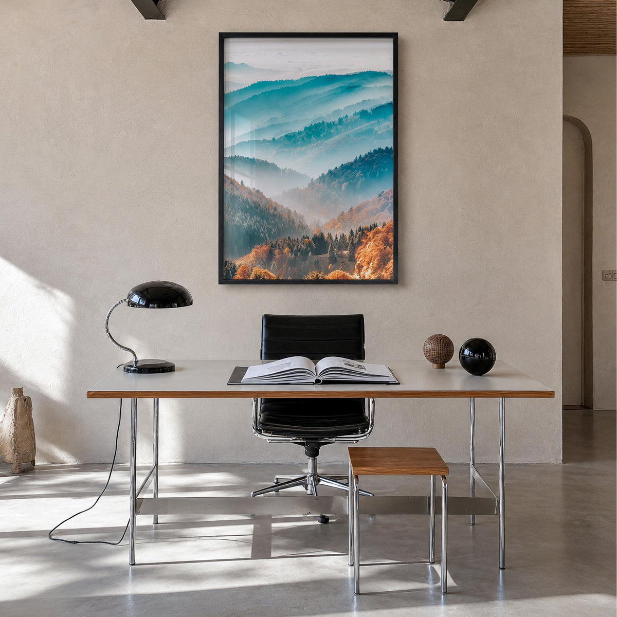 Mountain Landscape colorful photo poster – vertical wall art in black wood frame, hanging on wall