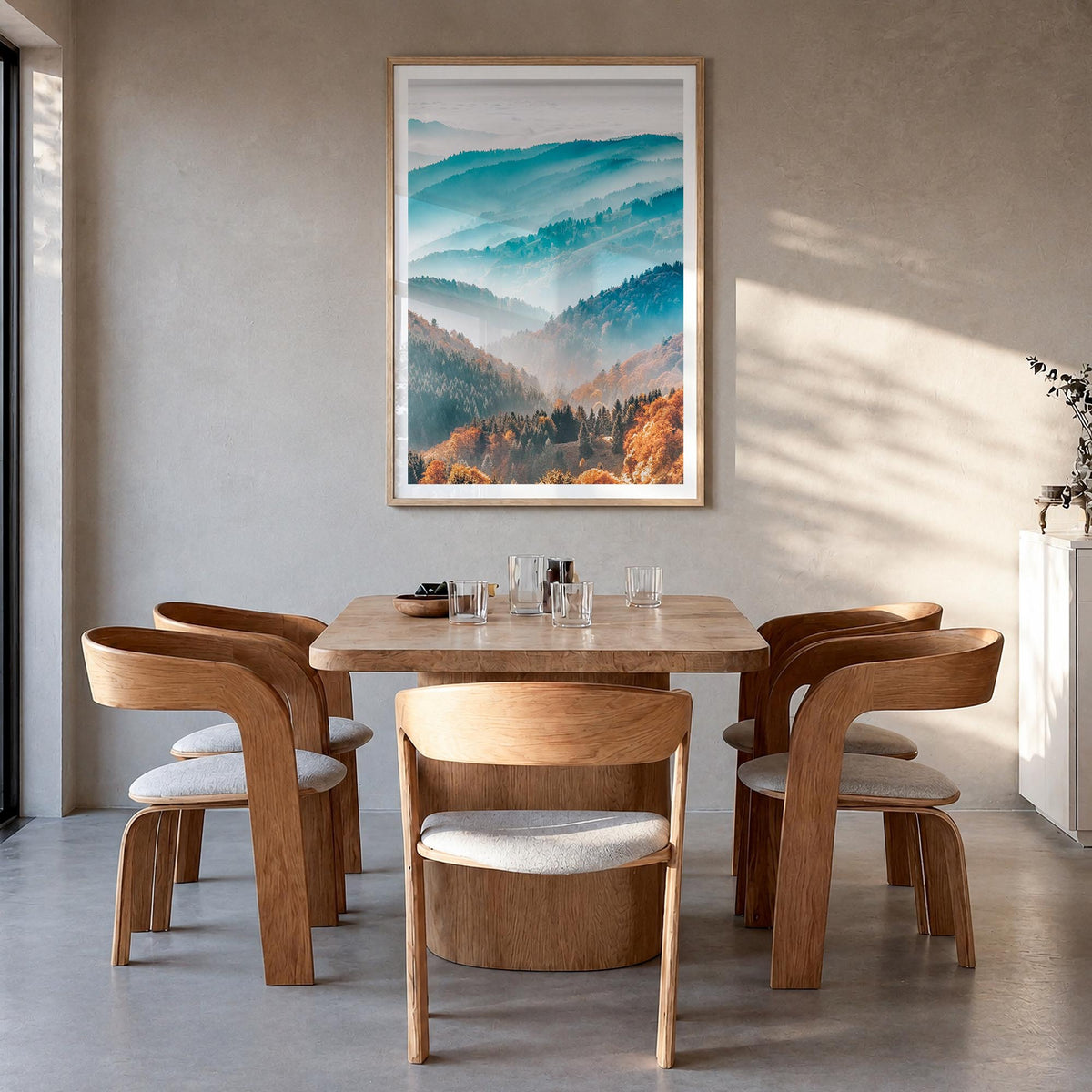 Mountain Landscape colorful photo poster – vertical wall art in natural wood frame with white border, hanging on wall