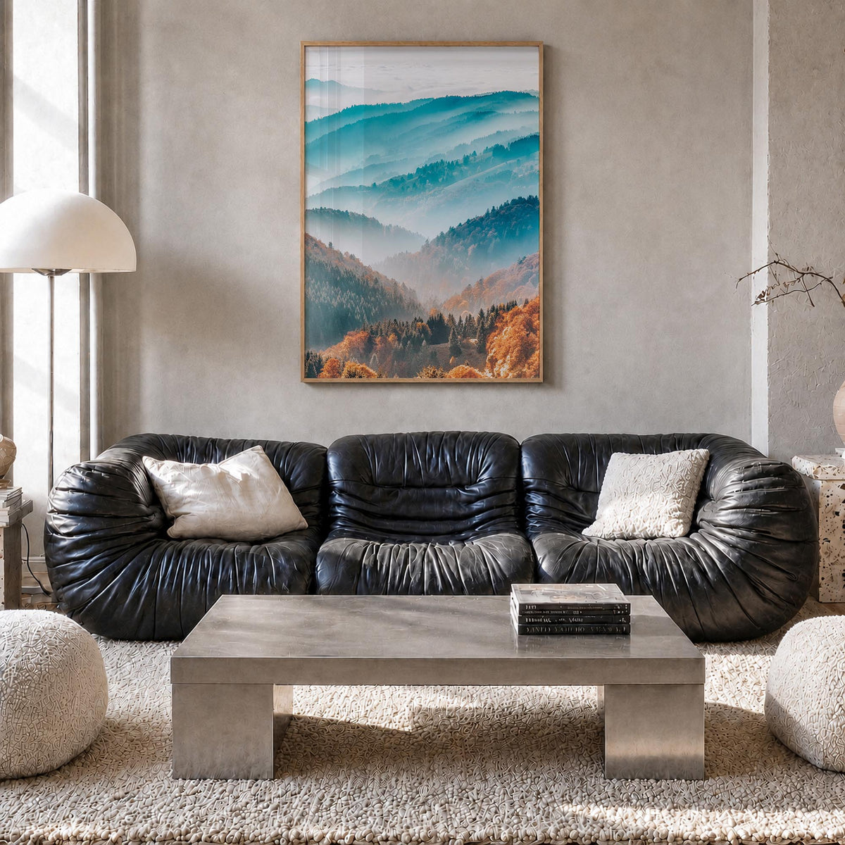 Mountain Landscape colorful photo poster – vertical wall art in natural wood frame, hanging on wall