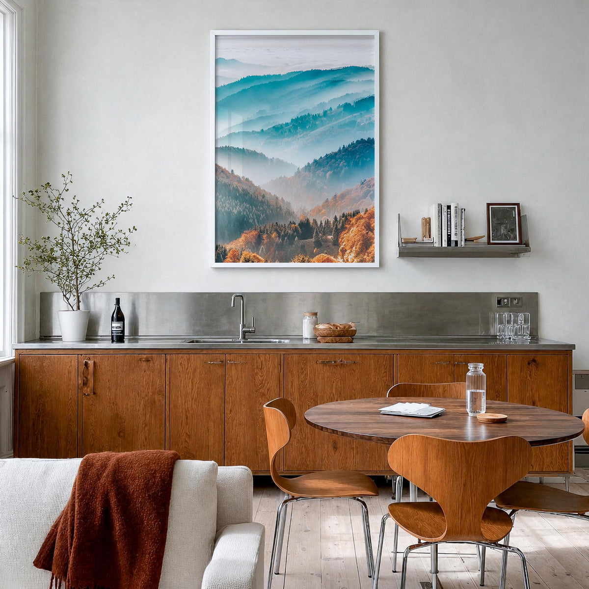 Mountain Landscape colorful photo poster – vertical wall art in white wood frame, hanging on wall