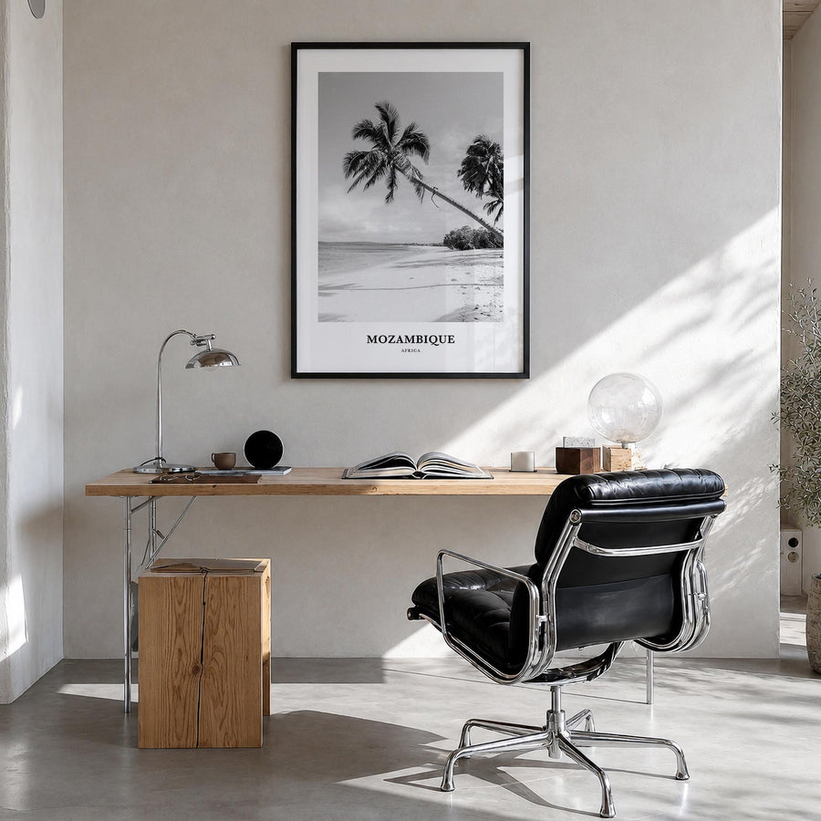 Mozambique black & white classic poster of Africa – vertical wall art in black wood frame, hanging on wall