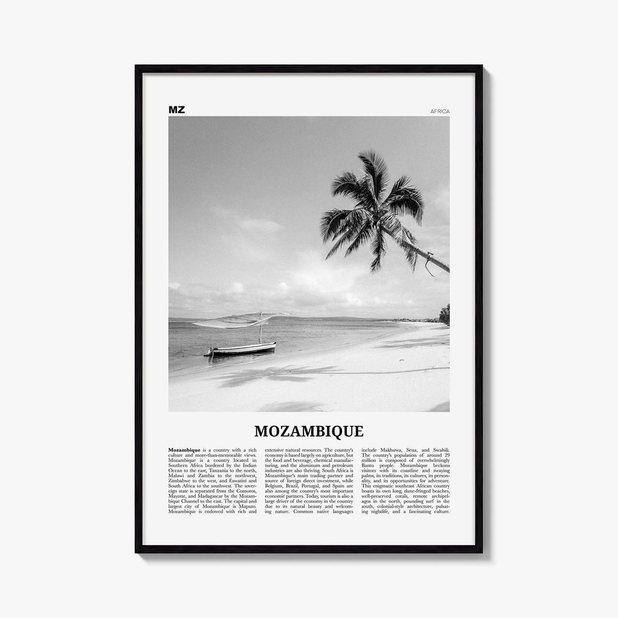 Mozambique black & white newspaper poster of Africa – vertical wall art, unframed print shown in interior mockup