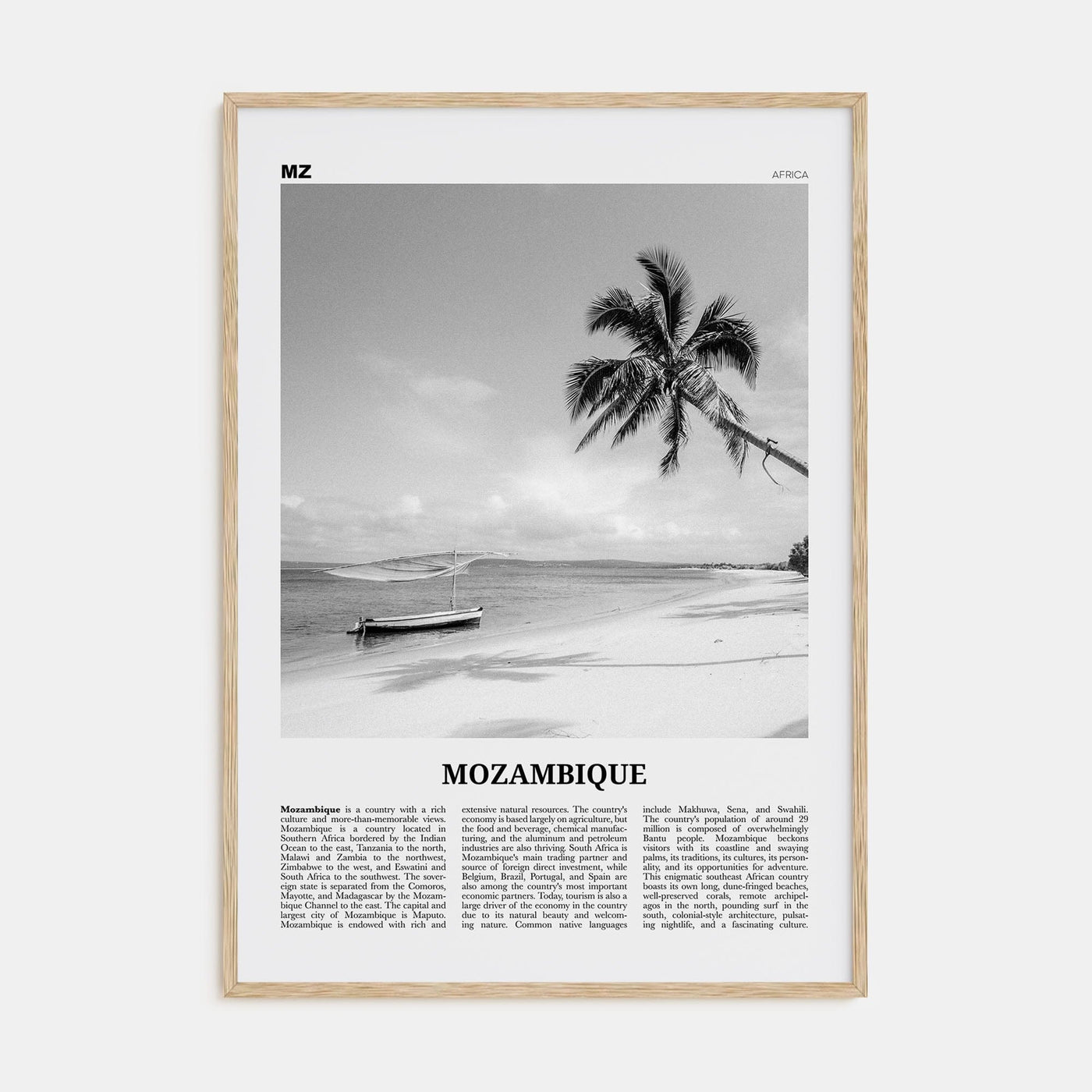 Mozambique Poster Natural Wood / 8x12 in Nbourhood Travel B&W Poster