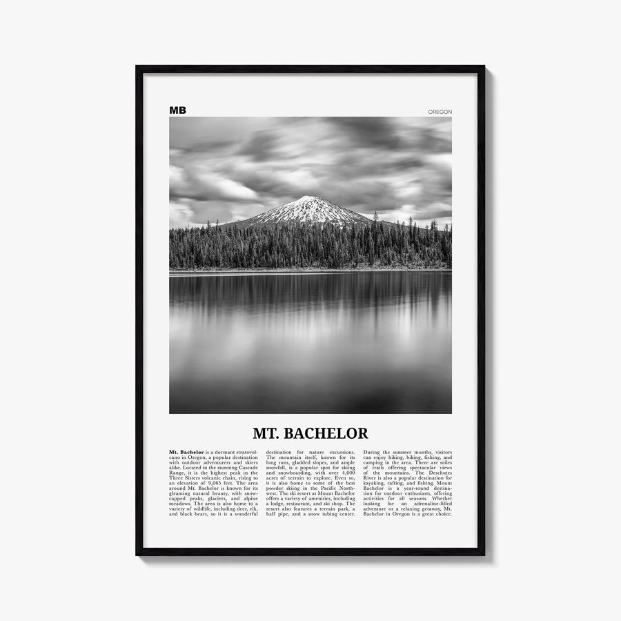 Mt. Bachelor black & white newspaper poster of Oregon, USA – vertical wall art, unframed print shown in interior mockup