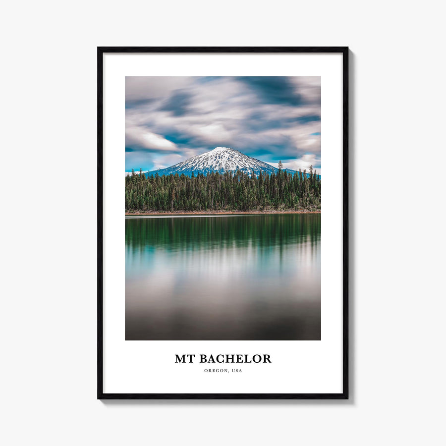 Mt. Bachelor colorful classic poster of Oregon, USA – vertical wall art, unframed print shown in interior mockup