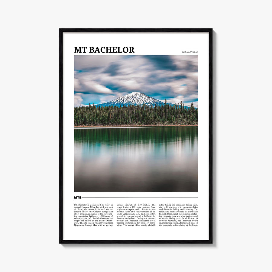 Mt. Bachelor colorful travel poster of Oregon, USA – vertical wall art, unframed print shown in interior mockup