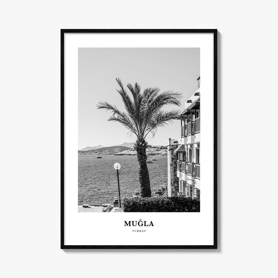 Muğla black & white classic poster of Türkiye – vertical wall art, unframed print shown in interior mockup