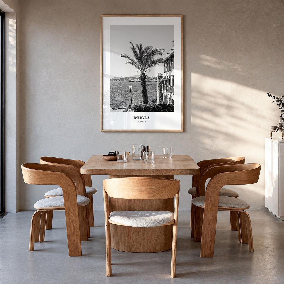 Muğla black & white classic poster of Türkiye – vertical wall art in natural wood frame, hanging on wall