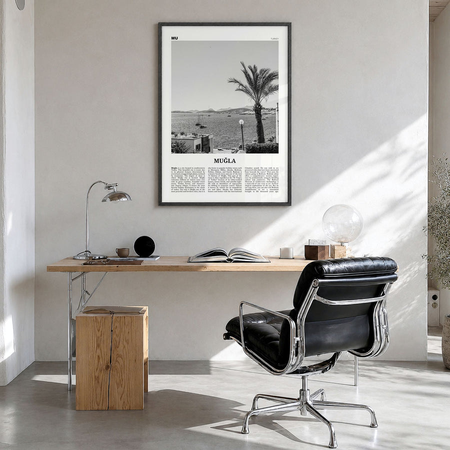 Muğla Newspaper Poster in a black wood frame, hanging in a bright home office