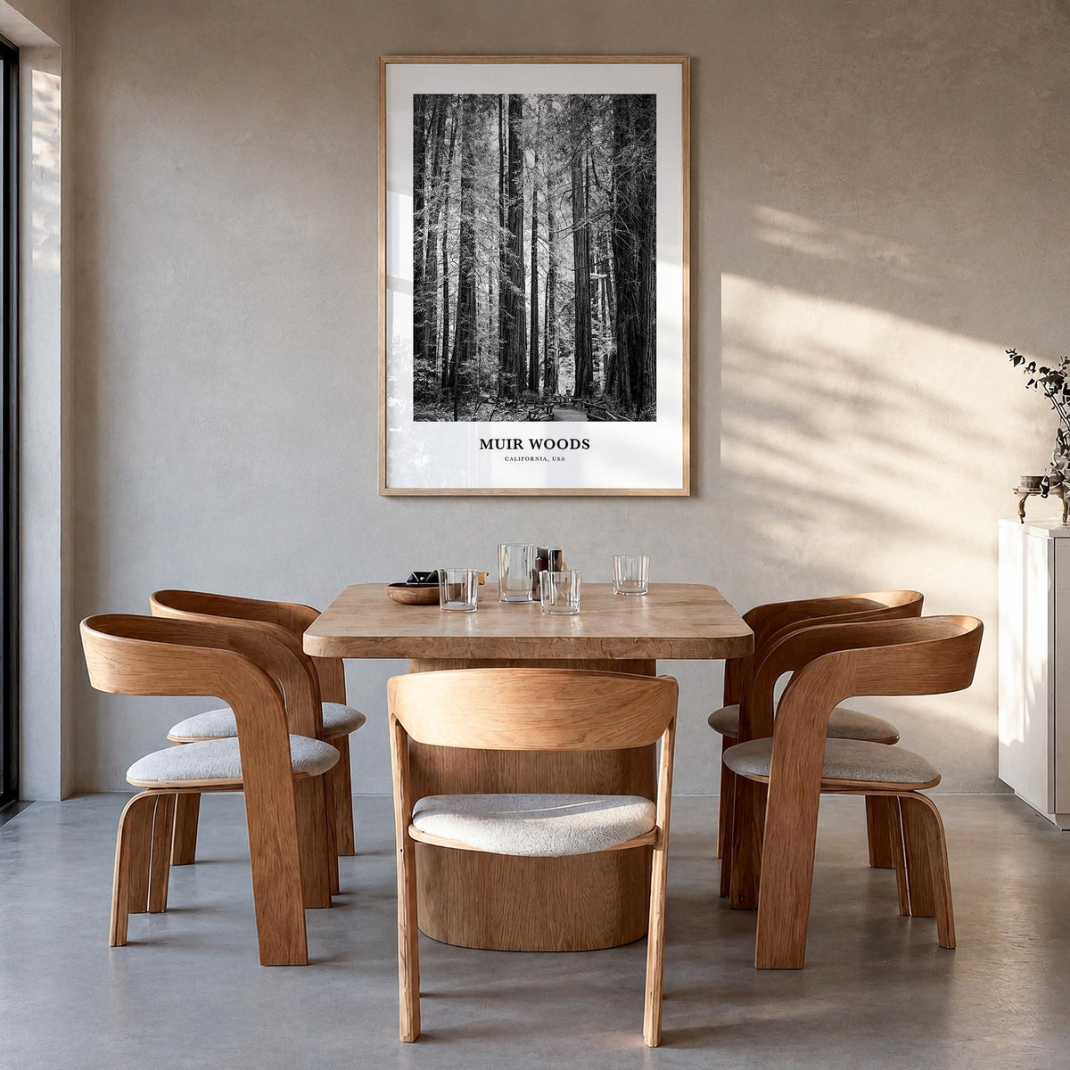 Muir Woods National Monument black & white classic poster of California, USA – vertical wall art in natural wood frame, hangi