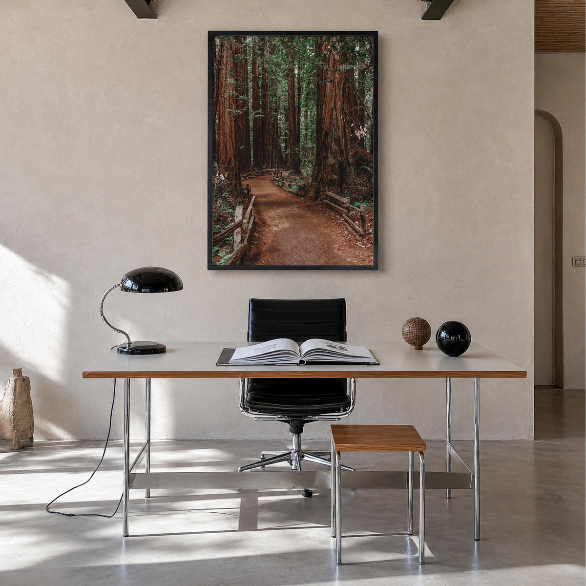 Muir Woods National Monument colorful photo poster of California, USA – vertical wall art in black wood frame, hanging on wal