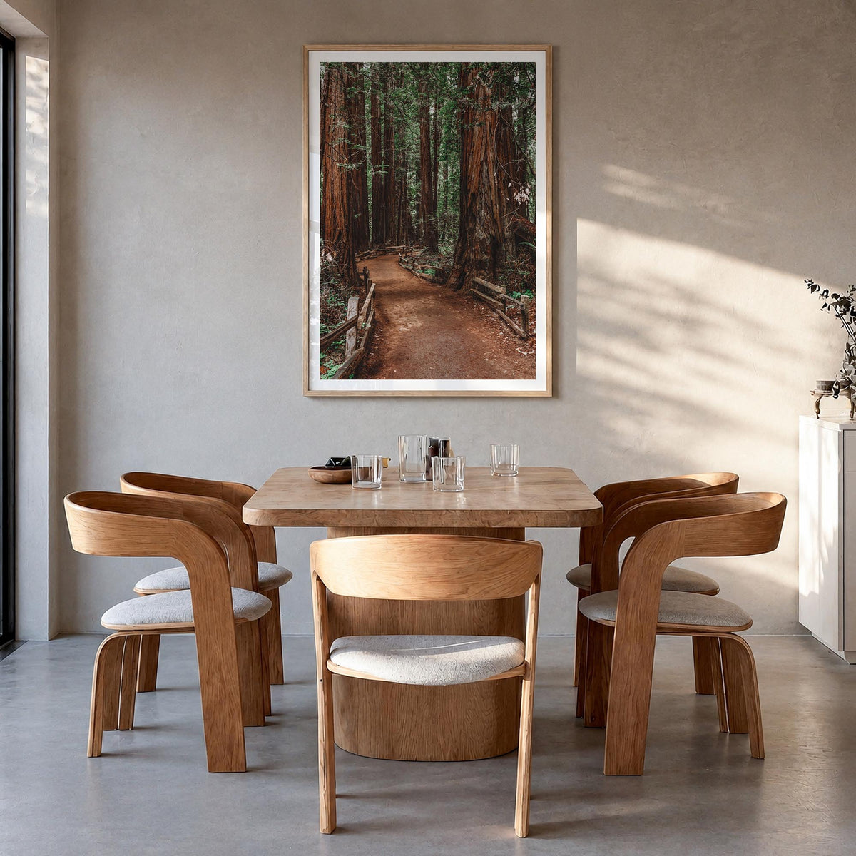 Muir Woods National Monument colorful photo poster of California, USA – vertical wall art in natural wood frame with white bo