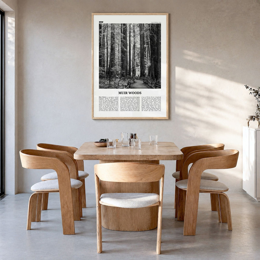 Muir Woods National Monument Newspaper Poster in a natural wood frame, hanging in a dining room