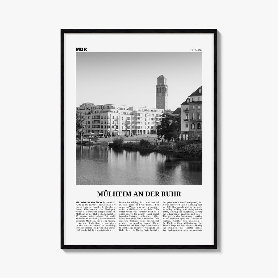 Mülheim an der Ruhr black & white newspaper poster of Germany – vertical wall art, unframed print shown in interior mockup