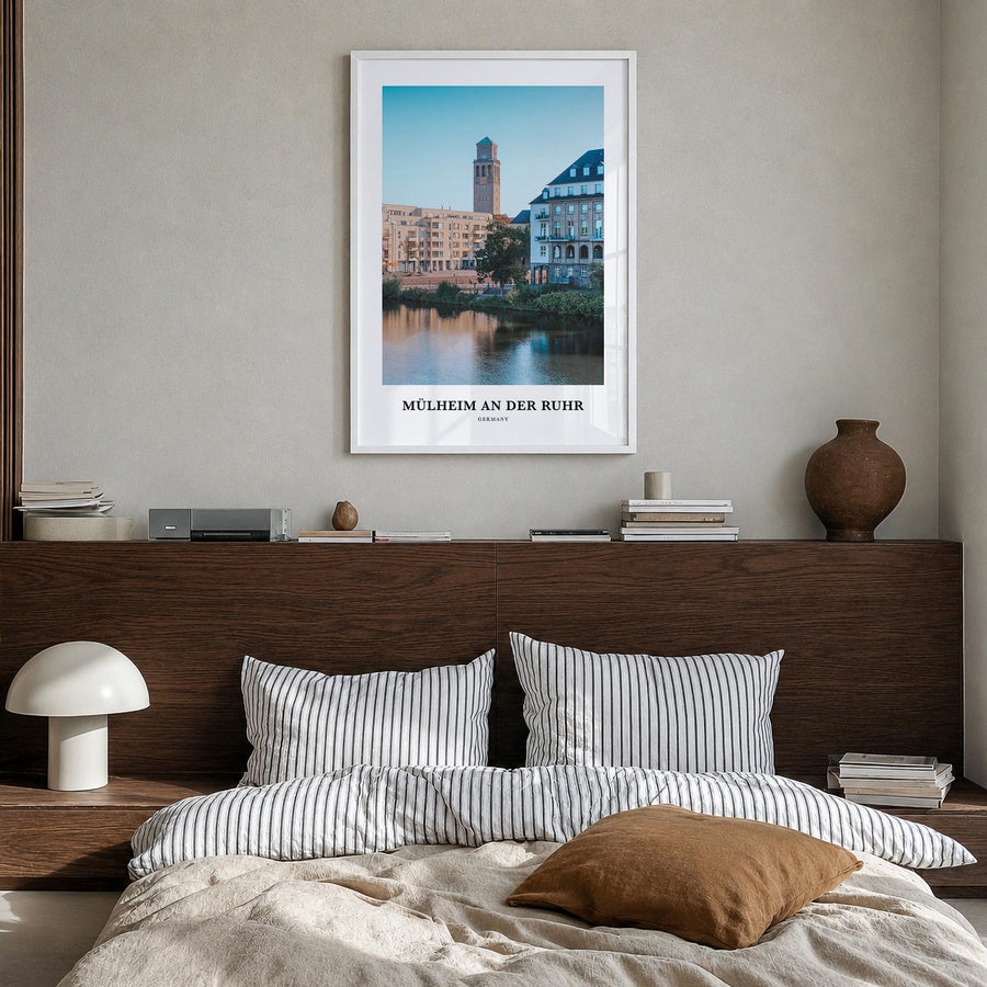 Mülheim an der Ruhr colorful classic poster of Germany – vertical wall art in white wood frame, hanging on wall