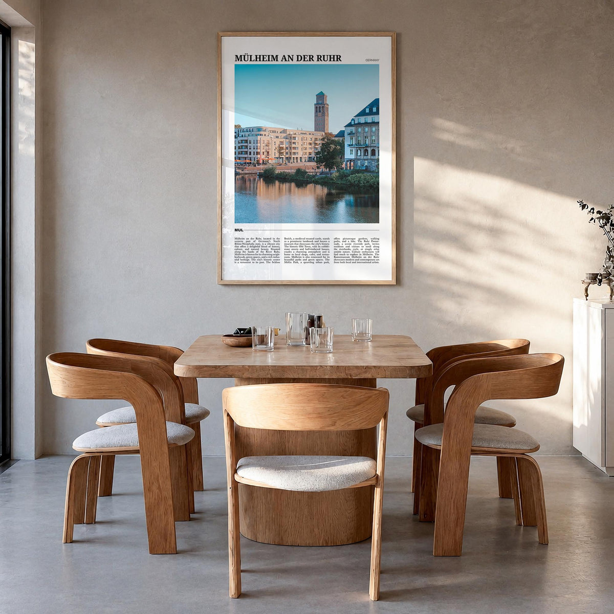 Mülheim an der Ruhr colorful travel poster of Germany – vertical wall art in natural wood frame, hanging on wall