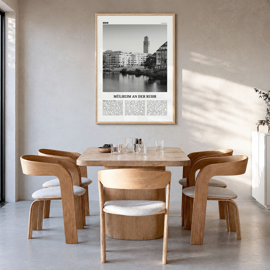 Mülheim an der Ruhr Newspaper Poster in a natural wood frame, hanging in a dining room