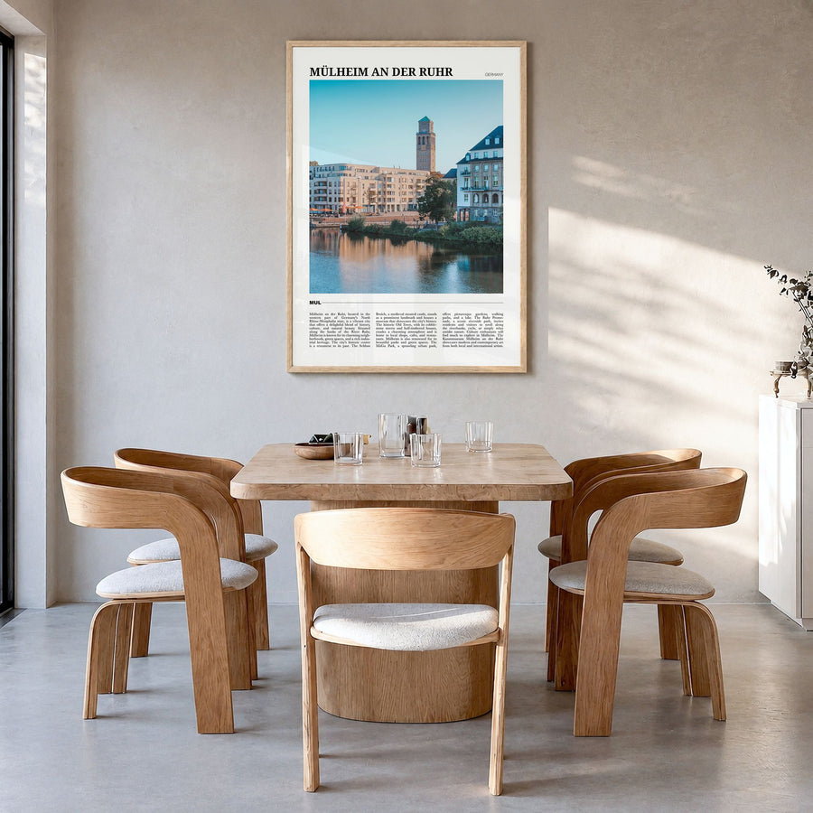 Mülheim an der Ruhr Travel Poster in a natural wood frame, hanging in a dining room