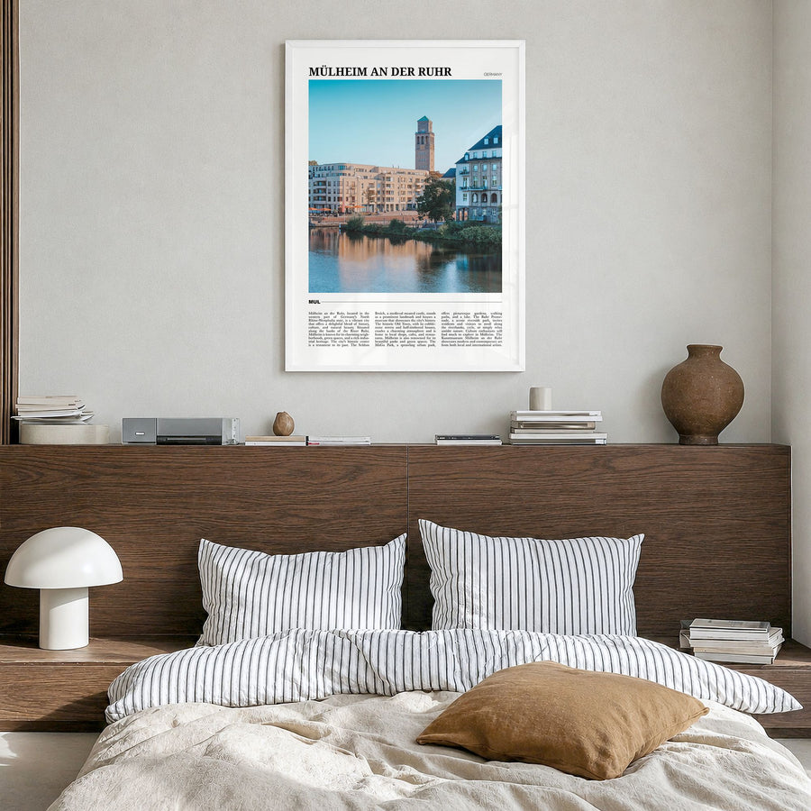 Mülheim an der Ruhr Travel Poster in a white wood frame, hanging in a bedroom
