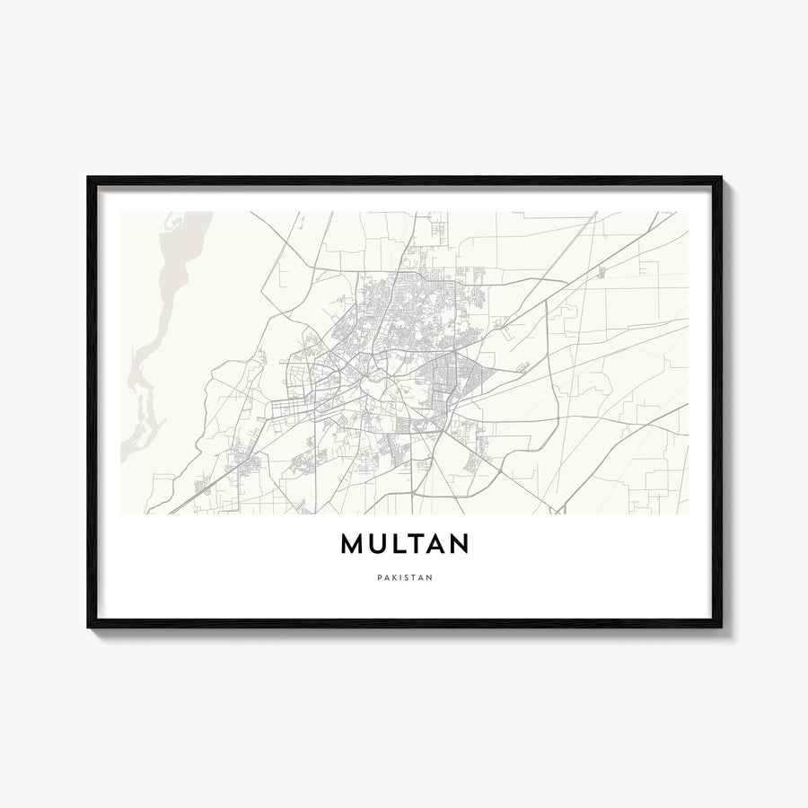 Multan black & white map poster of Pakistan – horizontal wall art, unframed print shown in interior mockup