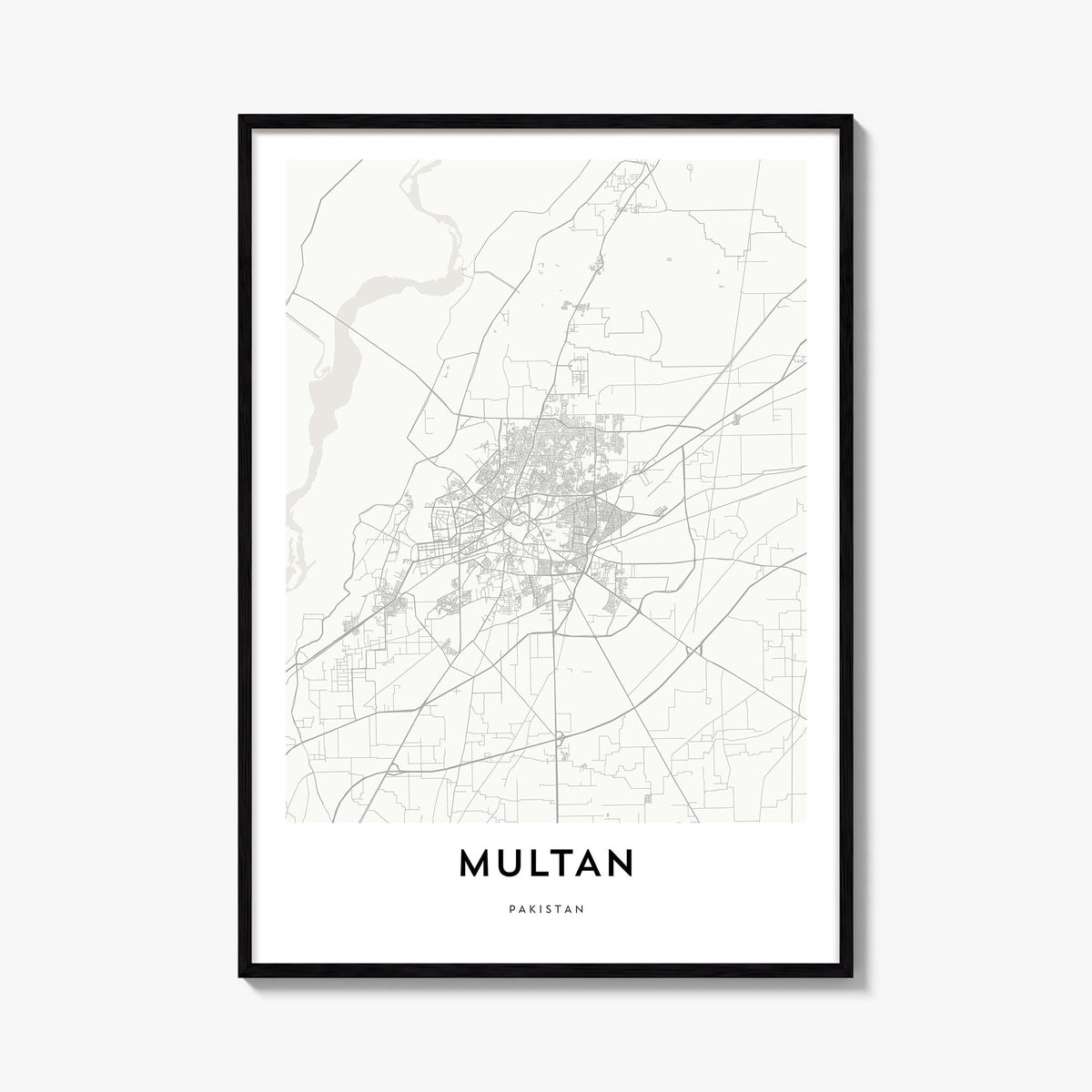 Multan black & white map poster of Pakistan – vertical wall art, unframed print shown in interior mockup