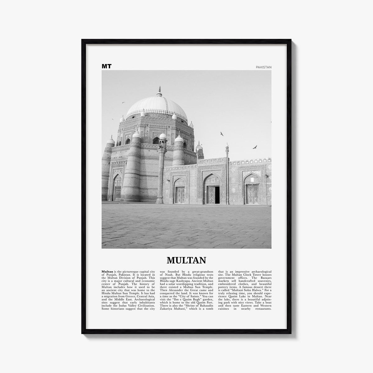 Multan black & white newspaper poster of Pakistan – vertical wall art, unframed print shown in interior mockup