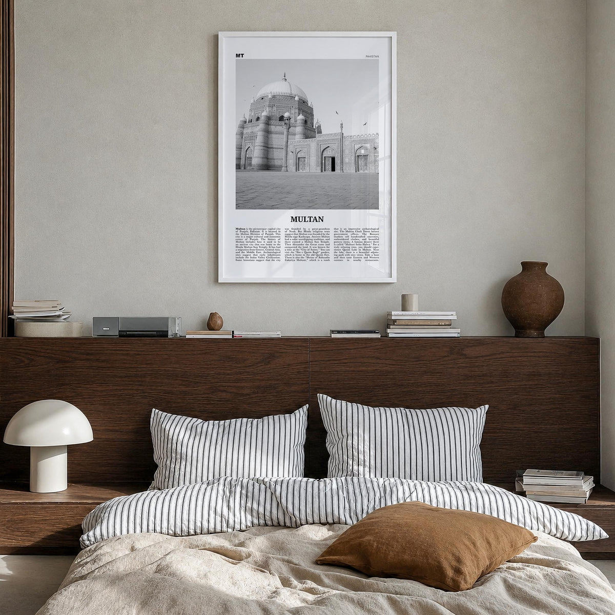 Multan black & white newspaper poster of Pakistan – vertical wall art in white wood frame, hanging on wall