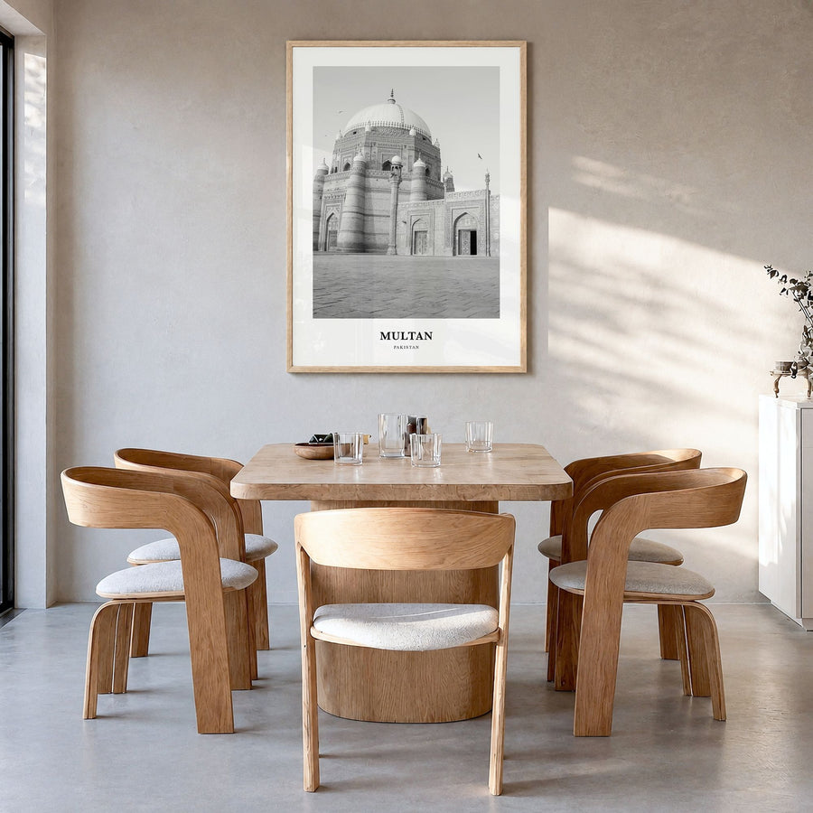 Multan Classic Poster in a natural wood frame, hanging in a dining room