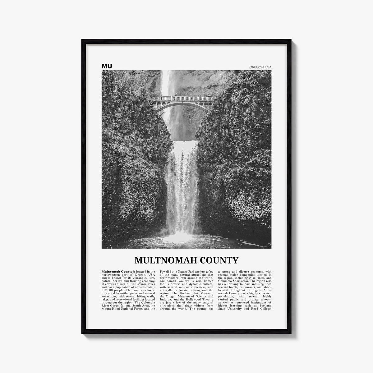 Multnomah County black & white newspaper poster of Oregon, USA – vertical wall art, unframed print shown in interior mockup