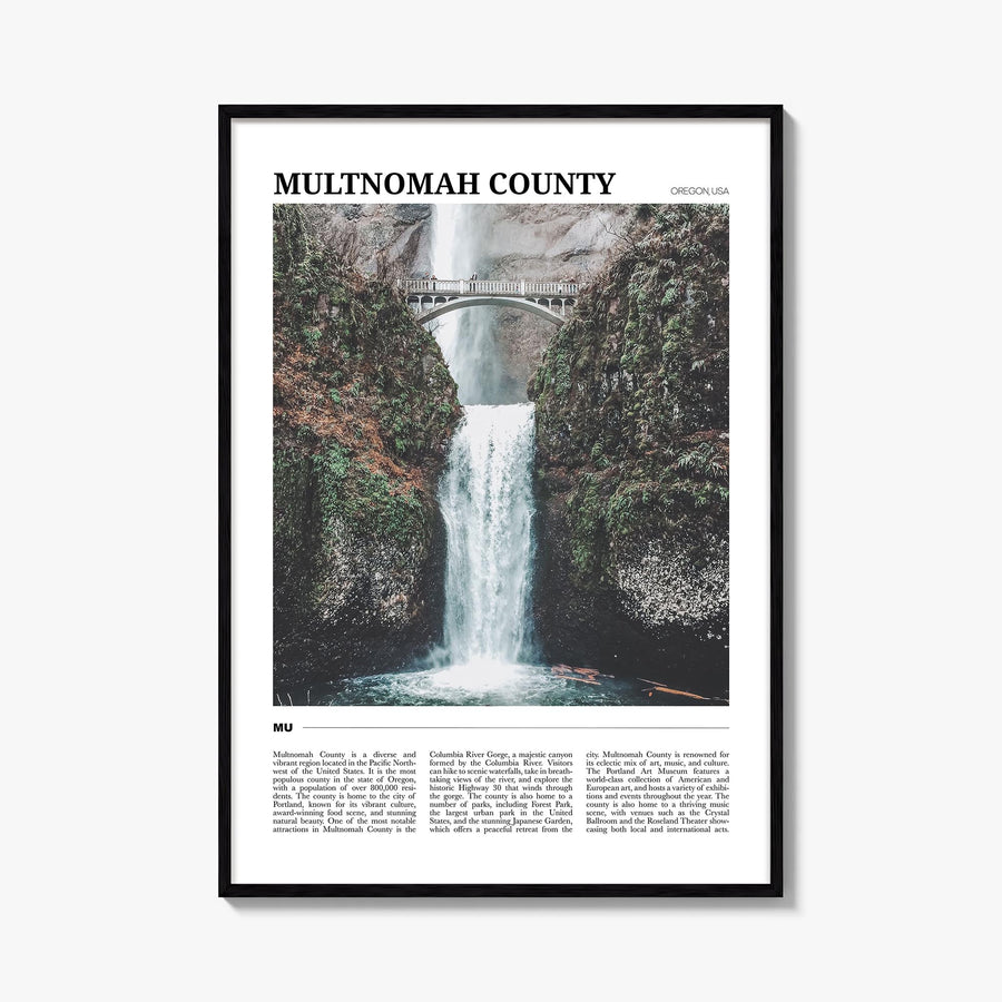 Multnomah County colorful travel poster of Oregon, USA – vertical wall art, unframed print shown in interior mockup