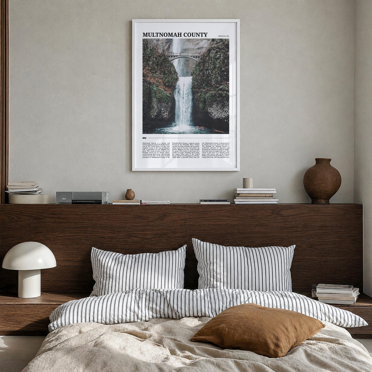 Multnomah County colorful travel poster of Oregon, USA – vertical wall art in white wood frame, hanging on wall