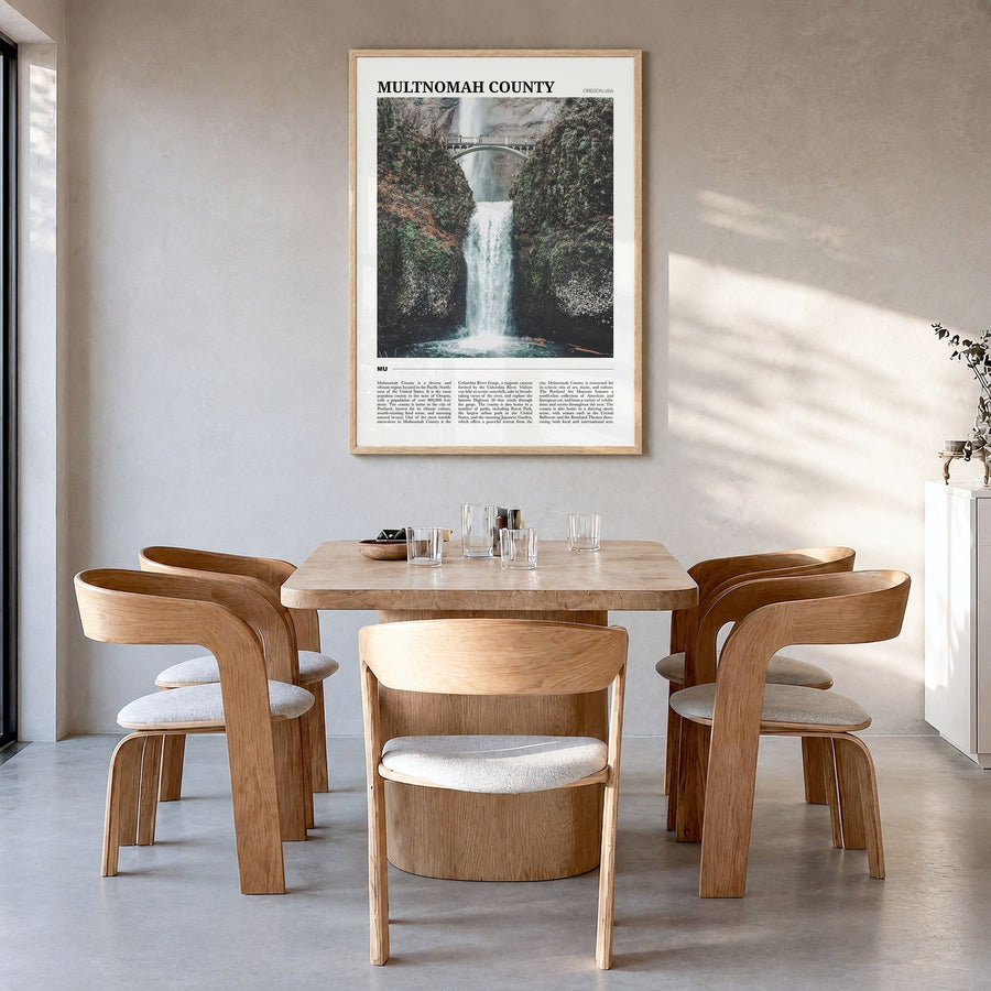 Multnomah County Travel Poster in a natural wood frame, hanging in a dining room