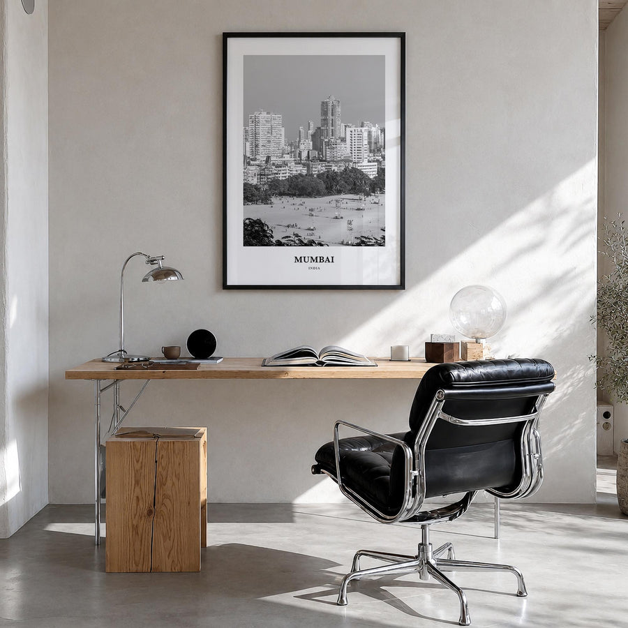 Mumbai black & white classic poster of India – vertical wall art in black wood frame, hanging on wall