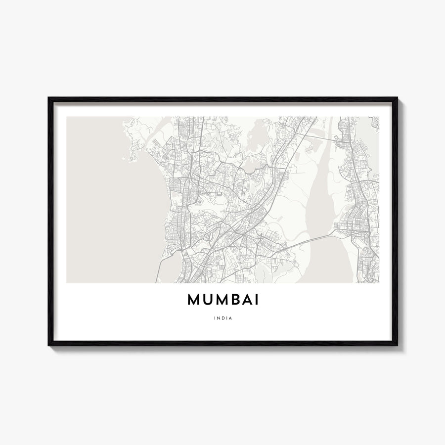 Mumbai black & white map poster of India – horizontal wall art, unframed print shown in interior mockup