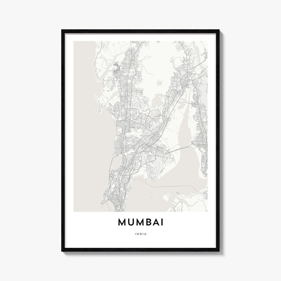 Mumbai black & white map poster of India – vertical wall art, unframed print shown in interior mockup